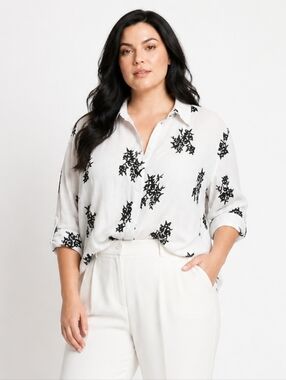 AB Studio Black White Floral Roll Tab Blouse Plus Size 3X